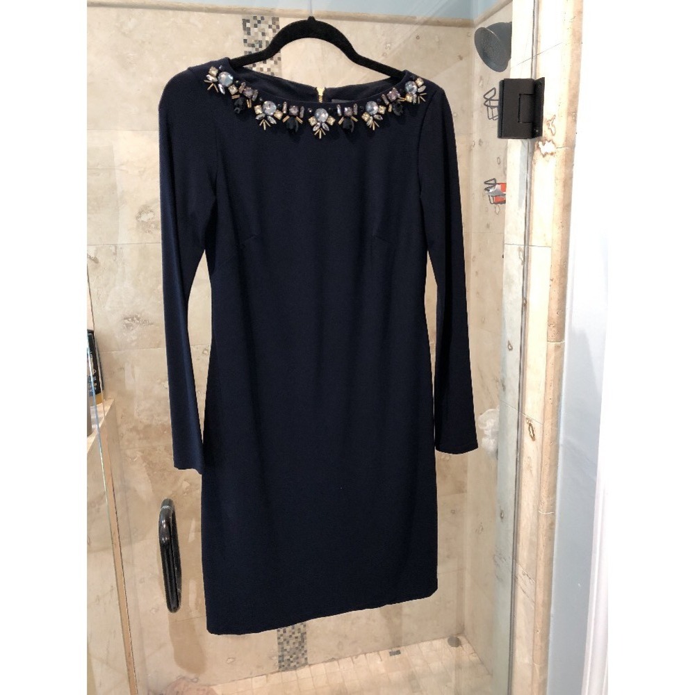 Vince Camuto Navy Blue Crystal Rhinestone Drape Neck Stretch Dress 6 S